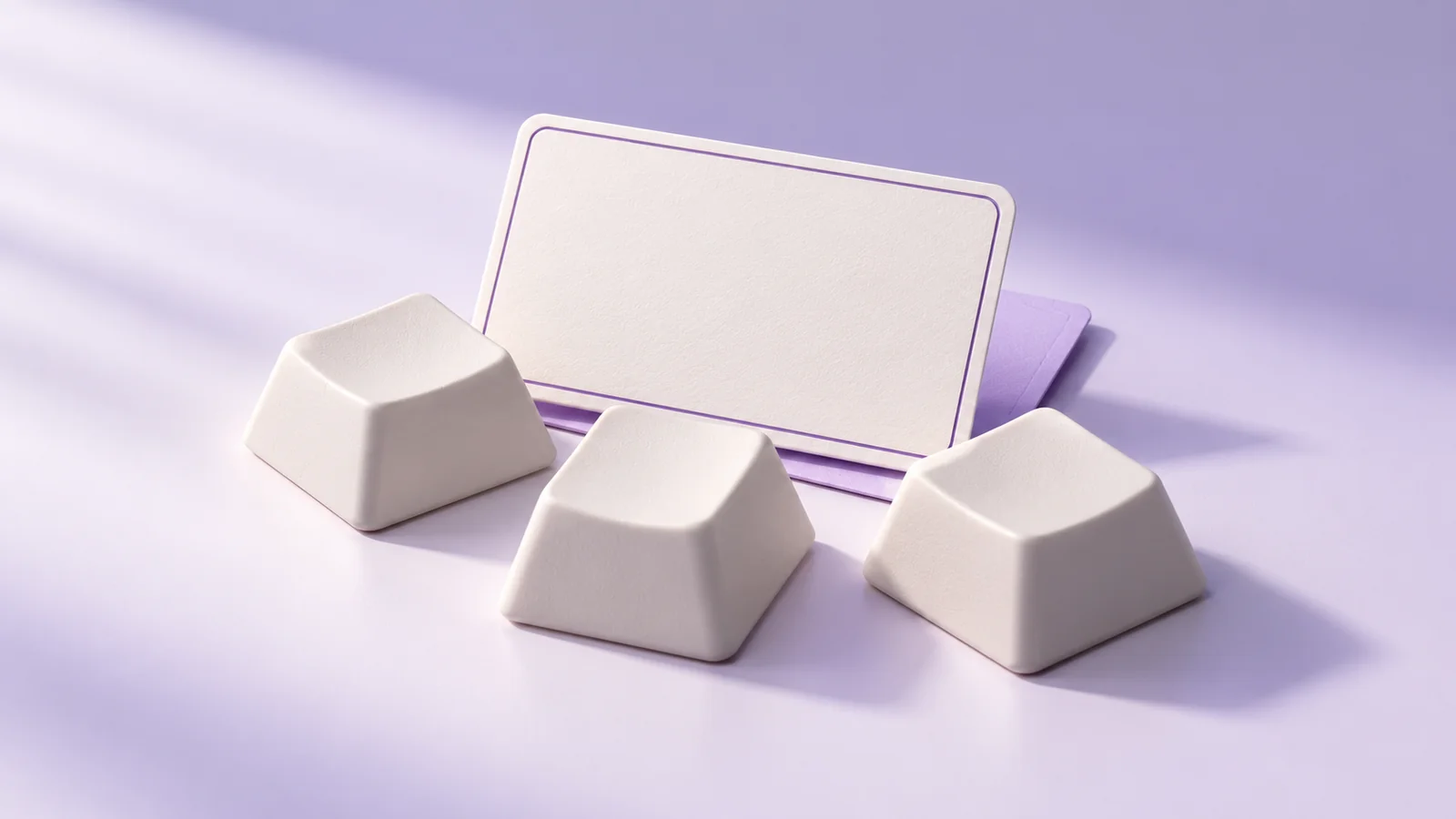 Three blank keyboard keys beside a small window card with a violet border