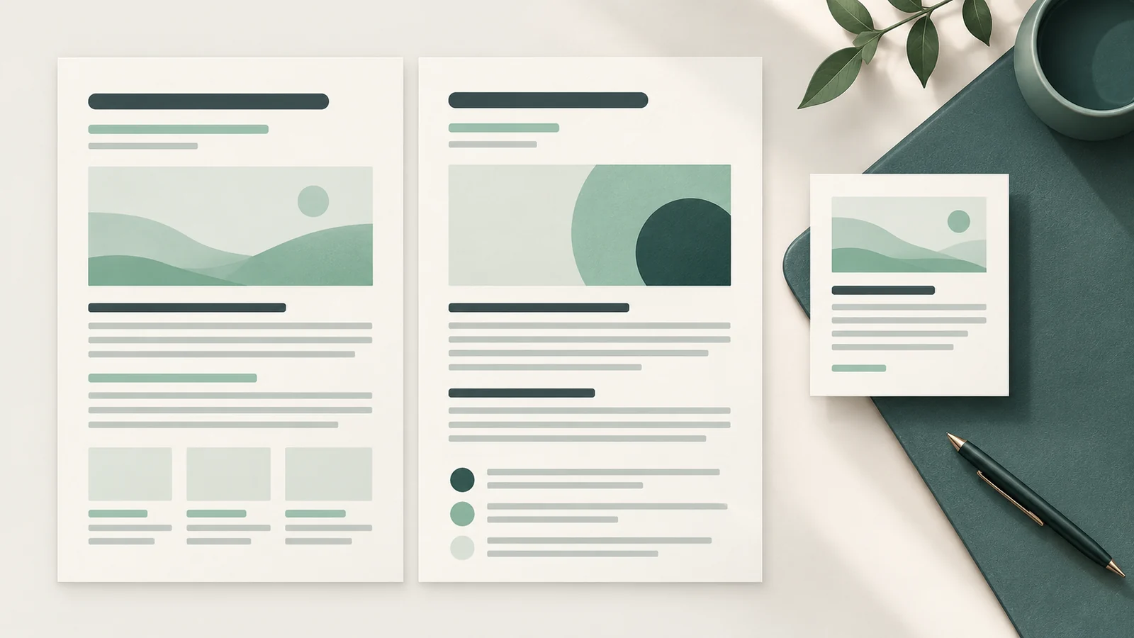 Two equal page panels beside a smaller floating reference card on a teal workspace