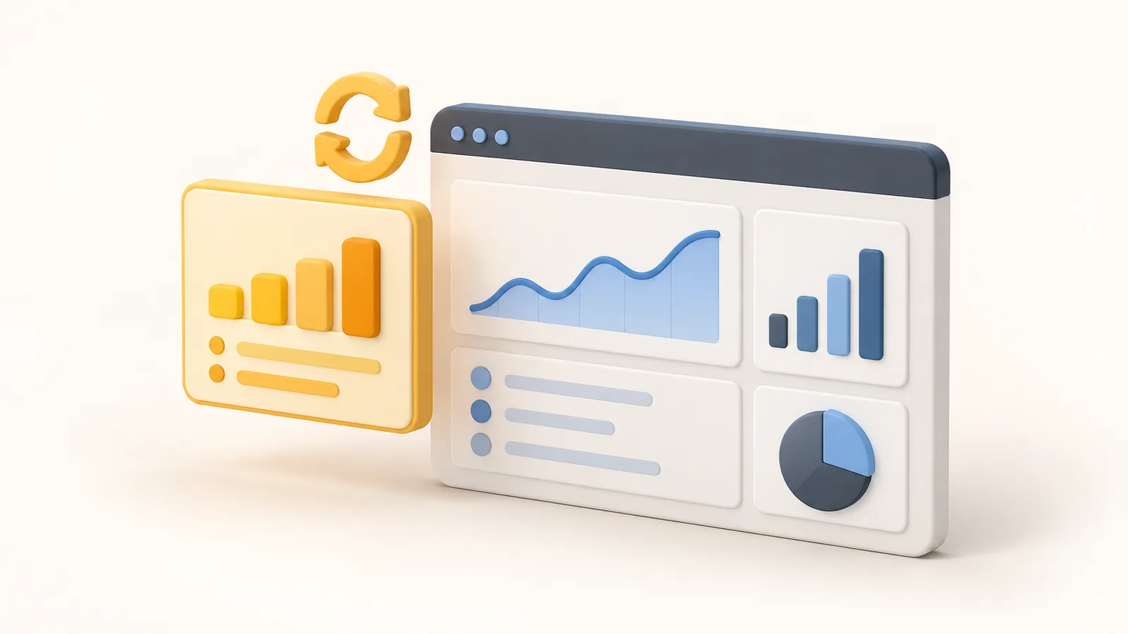 A small amber dashboard panel floats beside a larger blue work panel with a circular refresh symbol