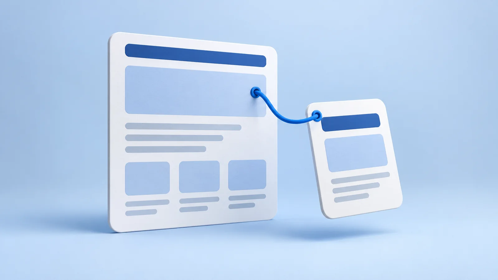 A small floating page connected to a larger browser page by a blue thread